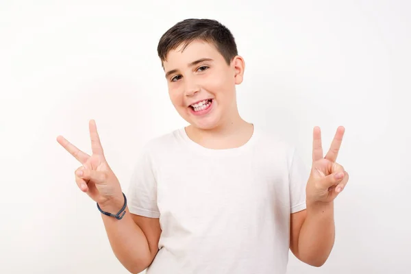 Isolated Shot Cheerful Boy Makes Peace Victory Sign Both Hands — Stock Photo, Image