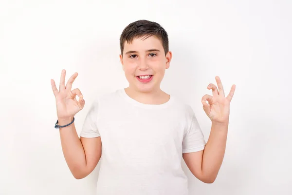 Glad Attractive Boy Shows Sign Both Hands Expresses Approval Has — Stock Photo, Image