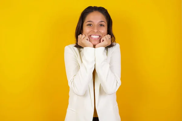 Dreamy Young European Woman Keeps Hands Pressed Together Chin Looks — Stock Photo, Image