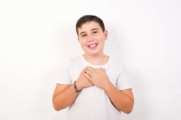 Faithful Boy Keeps Hands Chest Heart Shows His Kindness Favor — Stock Photo, Image