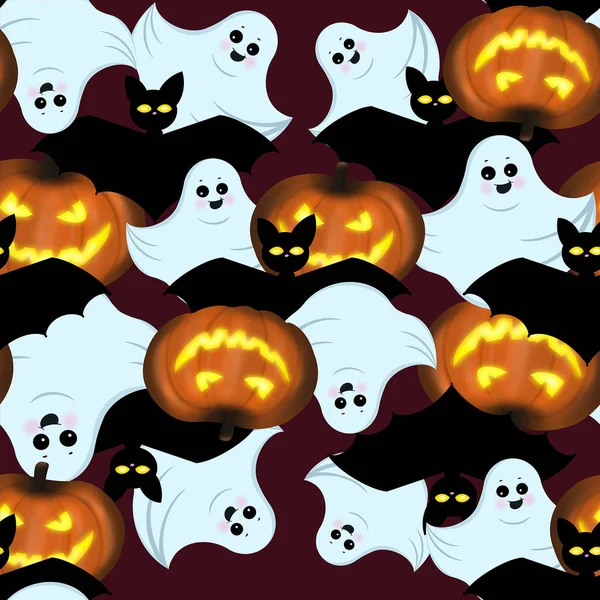 Seamless Halloween Pattern Evil Pumpkin Ghost Bat Dark Maroon Background — Stock Photo, Image