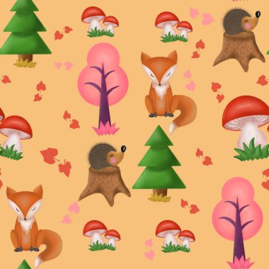 Turuncu bir arka planda Fox kirpisi, sonbahar ağaçları ve mantarlarla kusursuz bir desen.