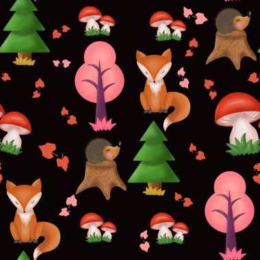Siyah bir arka planda Fox kirpisi, sonbahar ağaçları ve mantarlarla kusursuz bir desen.