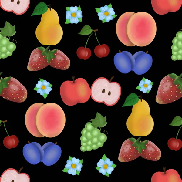 Patrón Sin Costuras Con Flores Frutas Bayas Sobre Fondo Negro —  Fotos de Stock
