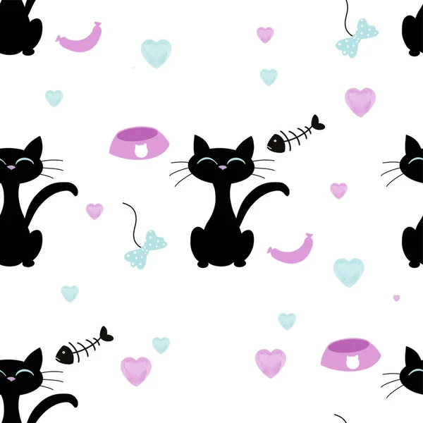 seamless pattern with black cat, ate fish and satisfied. Next to a sausage and a bow for the game