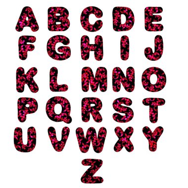 Alfabe siyah ve kırmızı desenli.