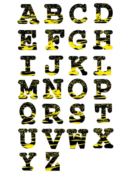 用于设计和教育儿童的带有黄色条纹和黑色背景的英文字母表 — 图库照片