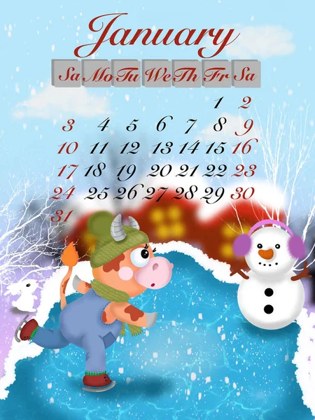 Calendar Symbol Year Bull 2021 February Skating Ice Rink Snowman — Stock Photo, Image