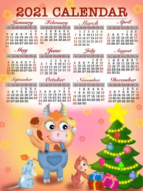 2021 yılının yeni yıl takviminde balonlarla süslenmiş boğa Noel ağacı sembolü var.