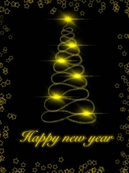 Christmas Card Golden Christmas Tree Stars Lights Black Background — Stock Photo, Image
