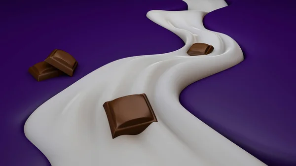 Mor arka planda çikolatalı 3D Creamy River. 3D görüntüleme, yiyecek ve içecek illüstrasyonu, soyut krema sıçrama arkaplanı, süt yuvarlak sıvı sıçrama, kahve, jet izole, çikolata