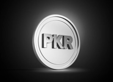 3D Gümüş Parlak Yuvarlak Pakistanlı Rupi PKR Parası Koyu Arkaplan 3D Görüntü