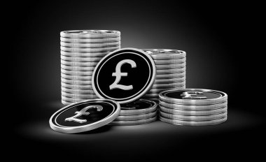 Gümüş ve Siyah İngiliz Pound Sikkeleri Yığını Parlak Gümüş Parlak Arkaplan 3D Görüntü
