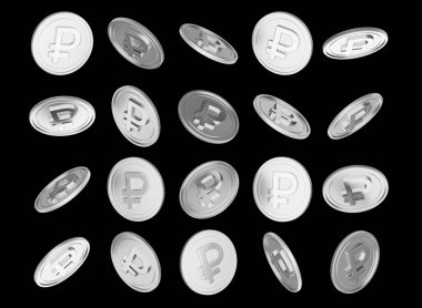 Düşen Gümüş Parlak Rus Rublesi Siyah Arkaplanda Yuvarlanan Paralar 3D Görüntü