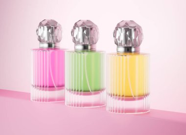 Pastel pembe arka planda zarif kapaklı üç canlı parfüm şişesi. 3d illüstrasyon