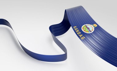 Kansas bayrak renklerinde 3 boyutlu dalgalı kurdele, ulusal gurur ve zarafetle akıyor. 3B Görüntü