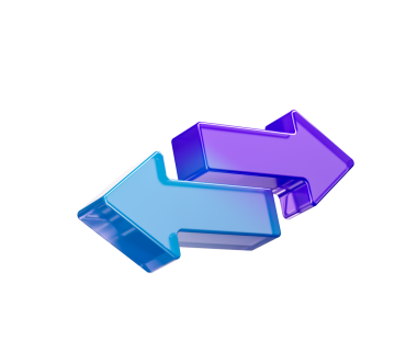 Mor ve mavi renkte, solu ve sağı gösteren iki tane parlak 3D ok. 3B Görüntü.