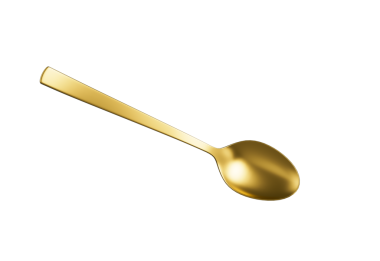 Yansıtıcı yüzeyi, ince sapı ve oval kasesi olan parlak altın bir kaşık. 3B Görüntü.
