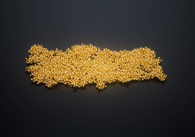 Türkiye haritası karanlık bir yüzey üzerindeki küçük altın kürelerden yapılmıştır. Konsept 3d İllüstrasyon