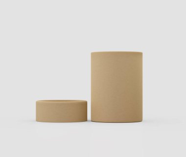 Minimalist kahverengi kraft kağıt kaplar, beyaz üzerine çevre dostu ambalaj modelleri. 3d illüstrasyon