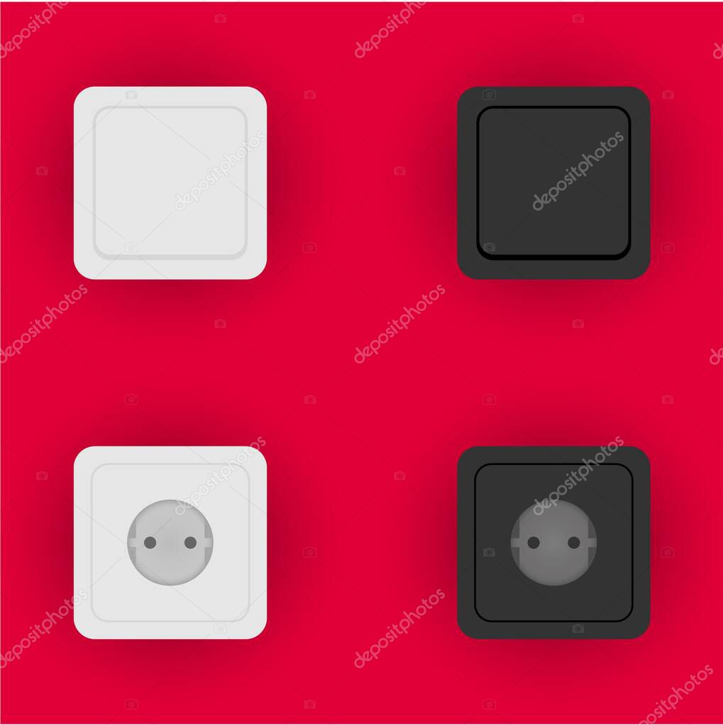 Set of vector sockets and switches of light with shadow on red background