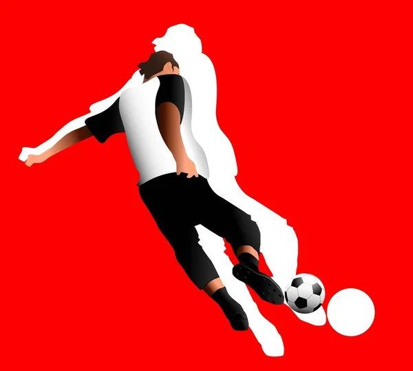 Vector Jugador Fútbol Realista Patea Pelota Sobre Fondo Rojo — Vector de stock