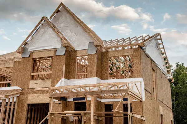 Nybyggnation Huset Har Ramats Och Täckts Plywood — Stockfoto