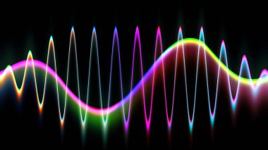 Ses dalgası çizgisi çok renkli müzik soyut arkaplan. Renkli grafik tasarımlı neon ışığı kıvrımlı.