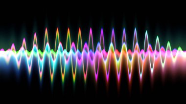 Ses dalgası çizgisi çok renkli müzik soyut arkaplan. Renkli grafik tasarımlı neon ışığı kıvrımlı.
