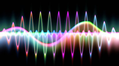 Ses dalgası çizgisi çok renkli müzik soyut arkaplan. Renkli grafik tasarımlı neon ışığı kıvrımlı.