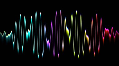 Ses dalgası çizgisi çok renkli müzik soyut arkaplan. Renkli grafik tasarımlı neon ışığı kıvrımlı.