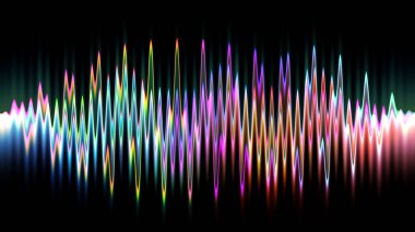 Ses dalgası çizgisi çok renkli müzik soyut arkaplan. Renkli grafik tasarımlı neon ışığı kıvrımlı.