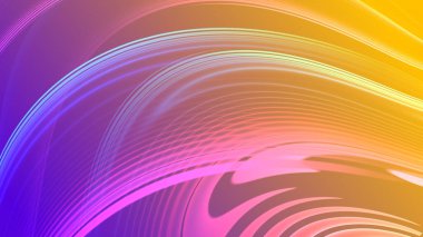 Soyut mor, sarı, geometrik arkaplan. Neon ışığı kıvrımlı çizgiler ve renkli grafik tasarımlı şekil.