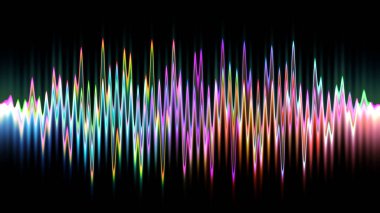 Ses dalgası çizgisi çok renkli müzik soyut arkaplan. Renkli grafik tasarımlı neon ışığı kıvrımlı.