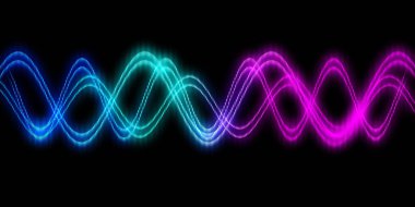 Ses dalgası çizgisi çok renkli müzik soyut arkaplan. Renkli grafik tasarımlı neon ışığı kıvrımlı.