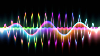 Ses dalgası çizgisi çok renkli müzik soyut arkaplan. Renkli grafik tasarımlı neon ışığı kıvrımlı.