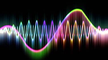 Ses dalgası çizgisi çok renkli müzik soyut arkaplan. Renkli grafik tasarımlı neon ışığı kıvrımlı.