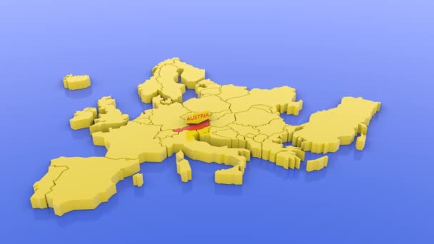 3D vykreslená mapa Evropy žlutě, zaměřená na Rakousko červeně s nálepkou na mapě. 3D vykreslená ilustrace.