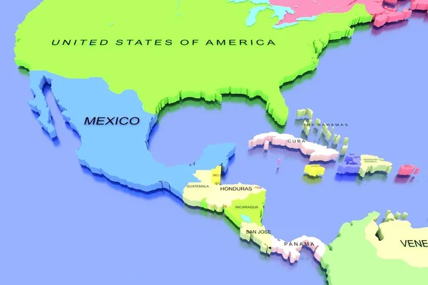 Mapa Tridimensional Renderizado América Média Com Nomes Países — Fotografia de Stock