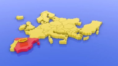 Kırmızılı İspanya 'ya odaklanmış, üzerinde harita etiketi olan 3 boyutlu sarı bir Avrupa haritası. 3 Boyutlu resimleme.
