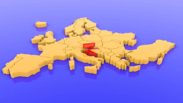 Animowana Mapa Europy Skupiona Chorwacji Naklejką Mapie Ilustracja Renderowana — Wideo stockowe