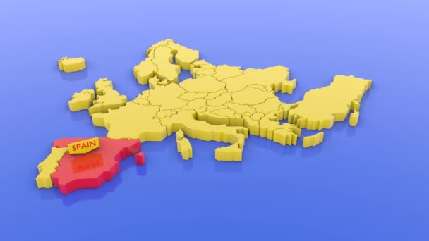 一张以黄色绘制的欧洲3D地图 用红色的地图贴纸聚焦于西班牙 3D渲染说明 — 图库视频影像