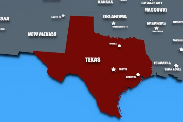 Trojrozměrná Vykreslená Mapa Texasu Názvy Států — Stock fotografie