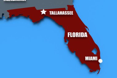 Florida 'nın üç boyutlu haritası ve eyalet isimleri.
