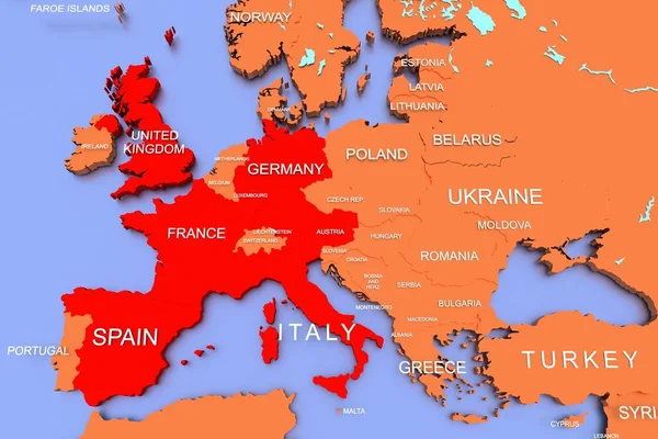 Vykreslená Mapa Viru Covid Eurpe Velké Británii Německu Francii Španělsku — Stock fotografie