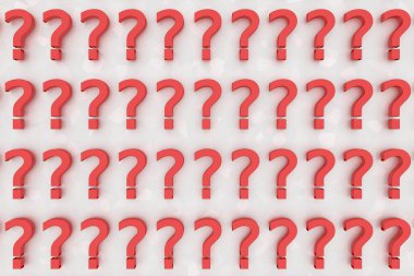 Beyaz işaretli arka planda üç boyutlu kırmızı soru işaretleri. 3B Hazırlama.