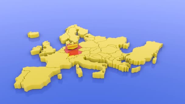 3D vykreslená mapa Evropy ve žluté, na Německo zaostřená červeně s nálepkou. 3D vykreslená ilustrace.