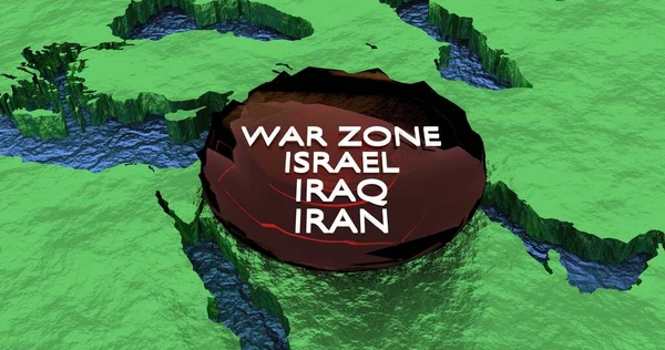 3D rendered map of Middle East with a red sticker in green and blue