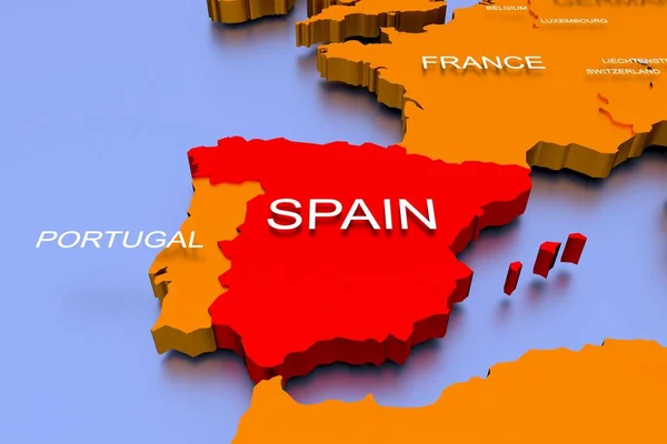 3D rendered map of COVID-19 virus pandemic in Spain, Europe in red and gold colors