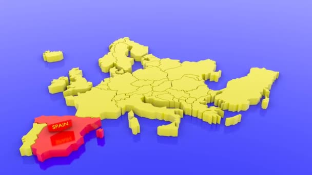 3D vykreslená mapa Evropy ve žluté, na Španělsko zaostřená červeně s nálepkou. 3D vykreslená ilustrace.